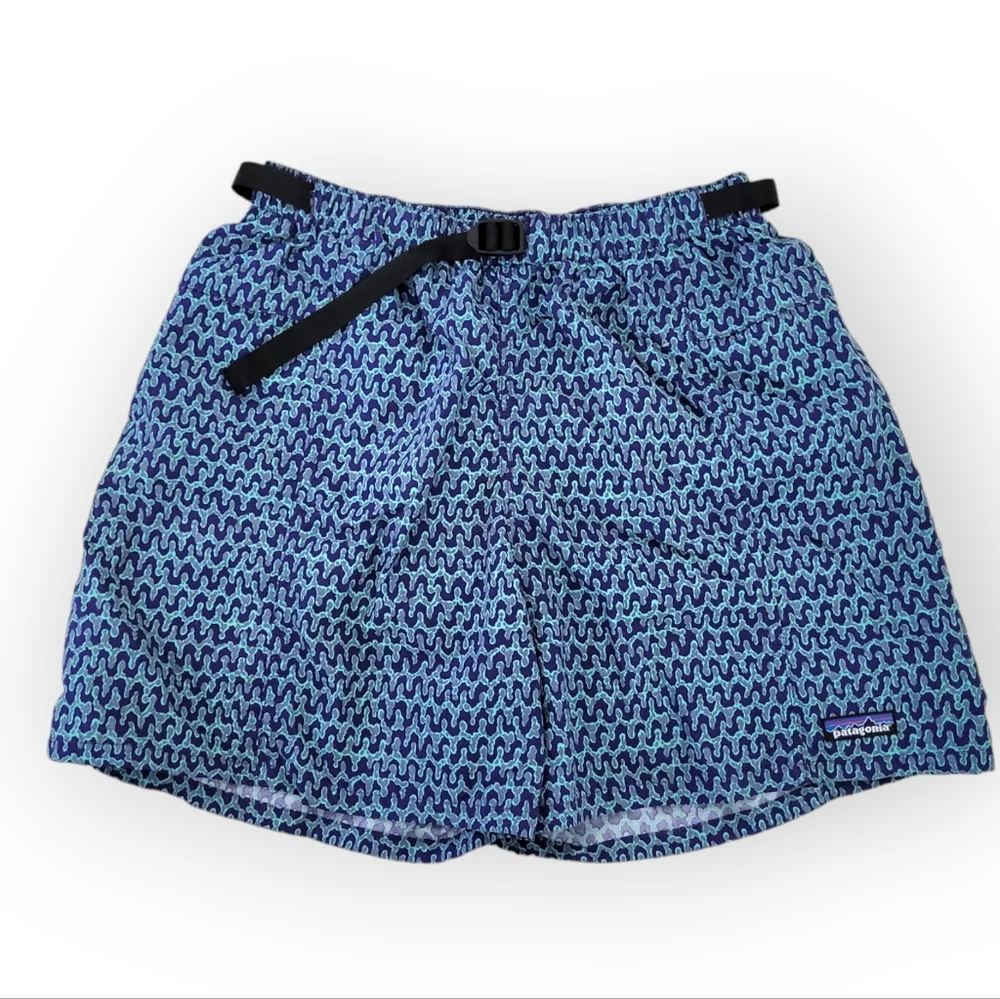 PATAGONIA Vintage River Shorts Swim Trunks with Belt Blue Abstract Print L